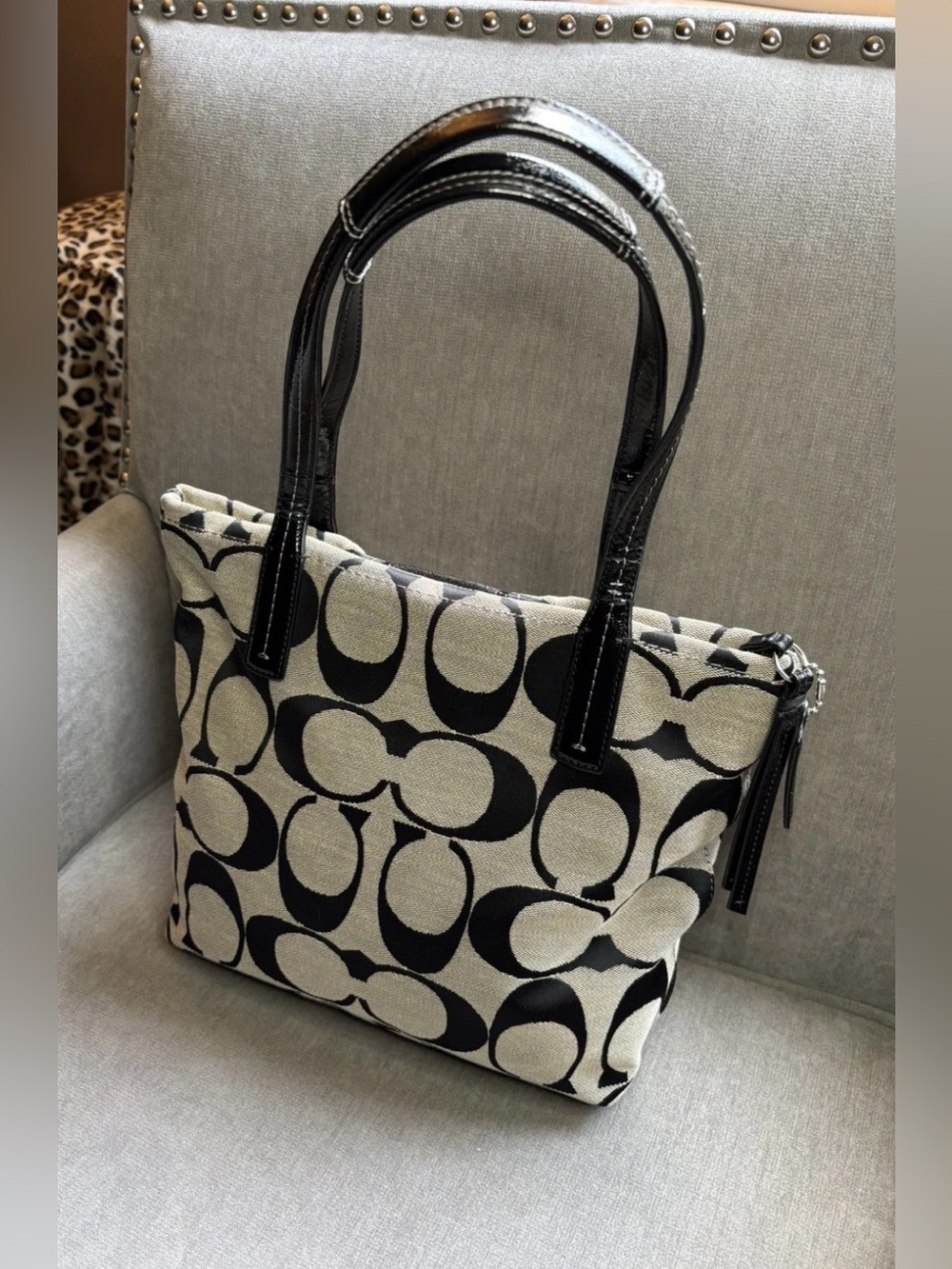 Coach F25771 Signature Stripe Tote Black/Khaki Patent Leather Trim Shoulder Bag - Picture 2 of 16